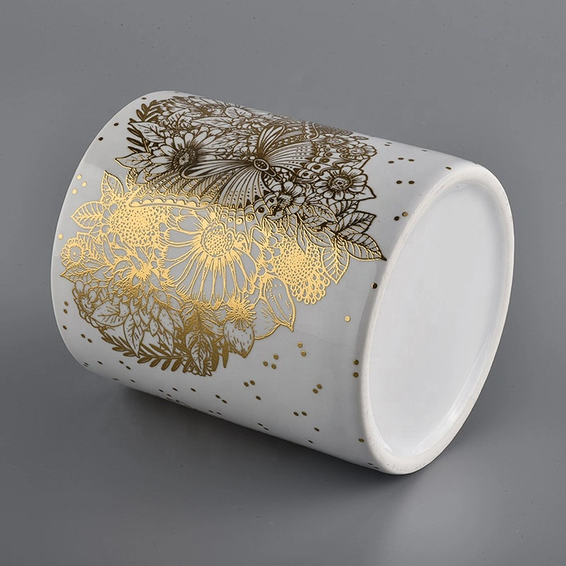 white ceramic candle jars with gold printing for Christmas