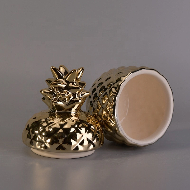 Pineapple gold ceramic candle vessel with lid wholesales