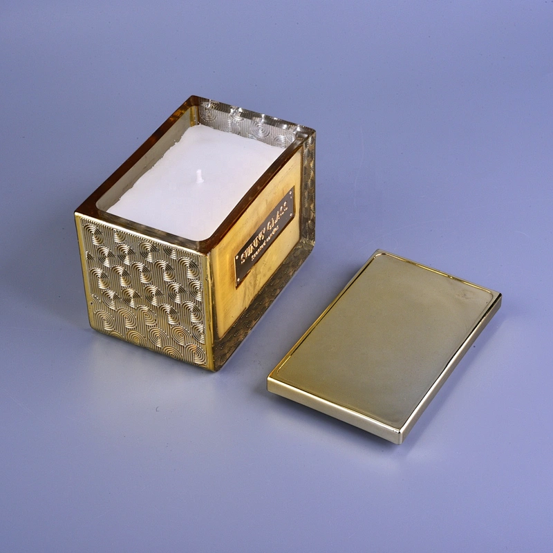 Sunny design golden luxury square glass candle holder and lid