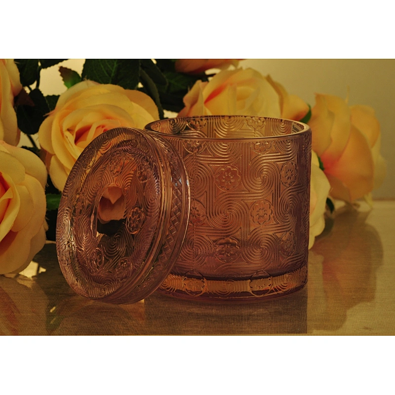 Sunny design luxury embossed Glass candle holder with glass lids