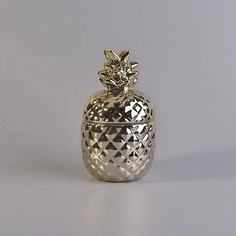 Pineapple shape ceramic candle jar decorative with gold lid wholesales