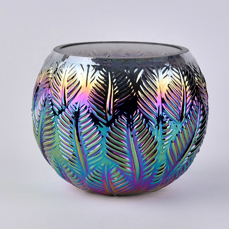 Iridescent pine glass candle jar embossement ball home decoration wholesale
