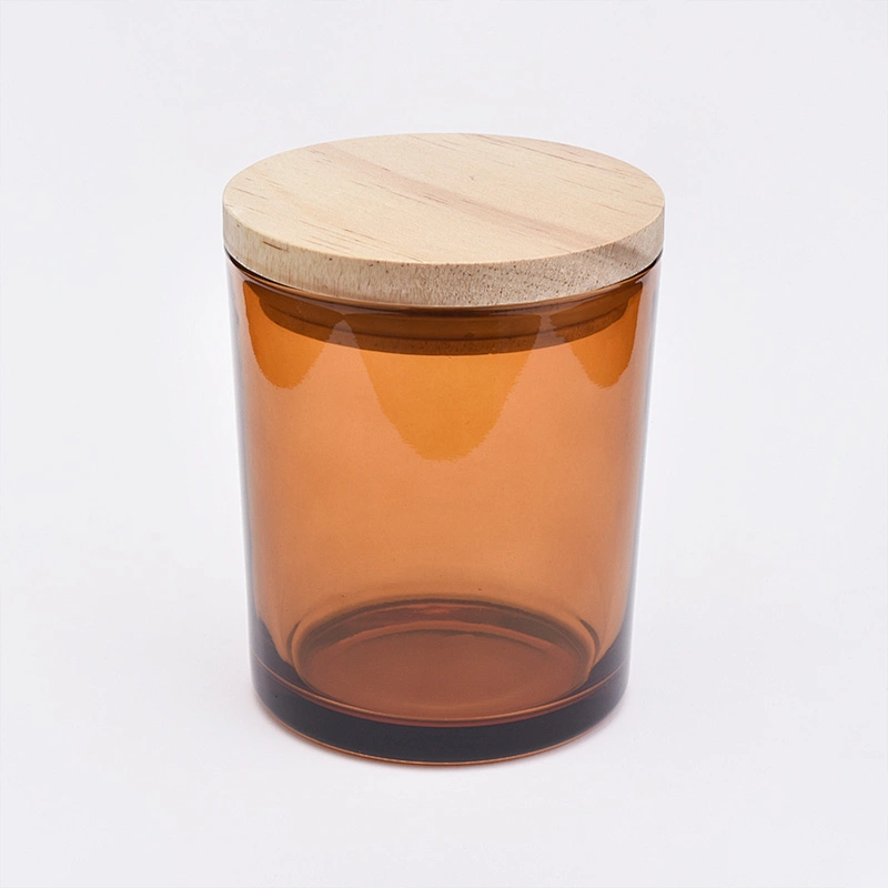 Brown Amber Glass Candle Jar With Wooden Lids
