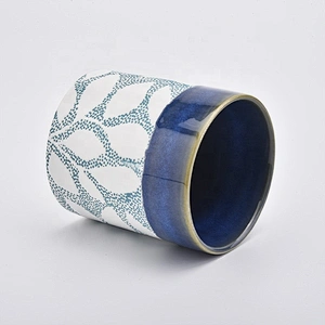 Blue cylinder flower ceramic candle jar tea light candle holders home decoration