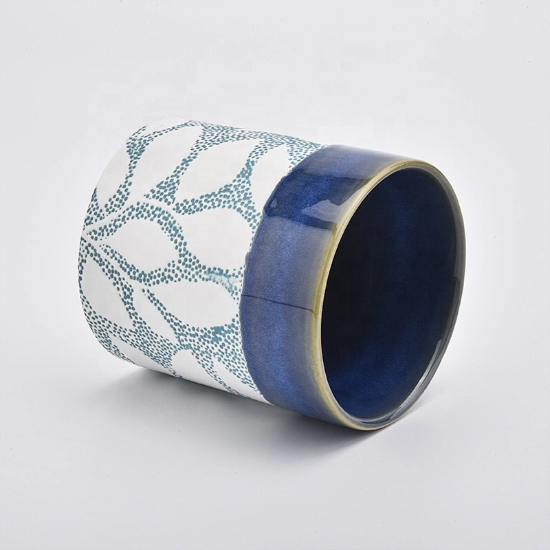 Blue cylinder flower ceramic candle jar tea light candle holders home decoration