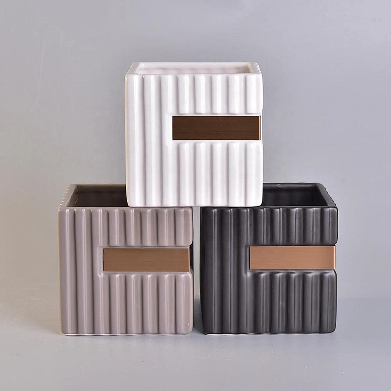 12oz Square Ceramic Candle Holders Stripes Pattern Home Decoration