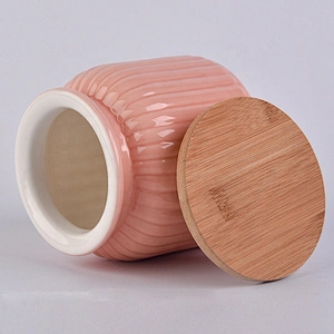 Wholesale PInk Ceramic Candle Jar with Bamboo Lid Home Decoration