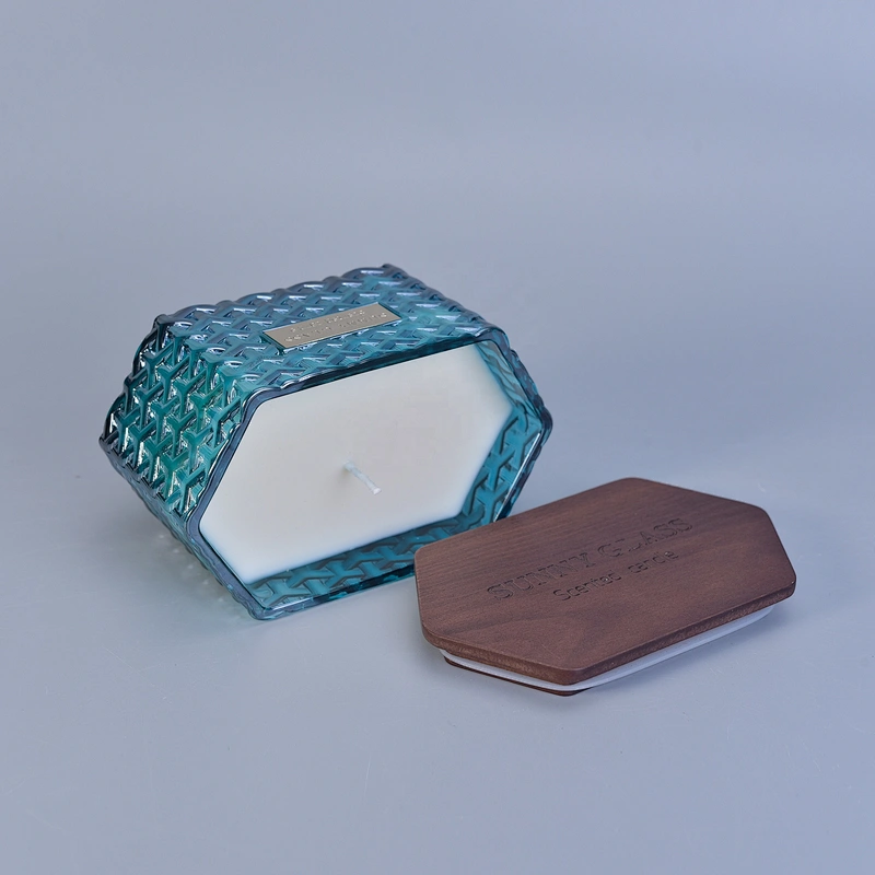 Wholesales Hexagon Glass tealight candle vessel with wood lids