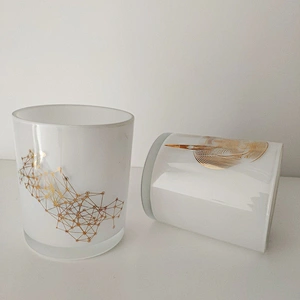 votive glass candle jar  with gold decal, white candle container