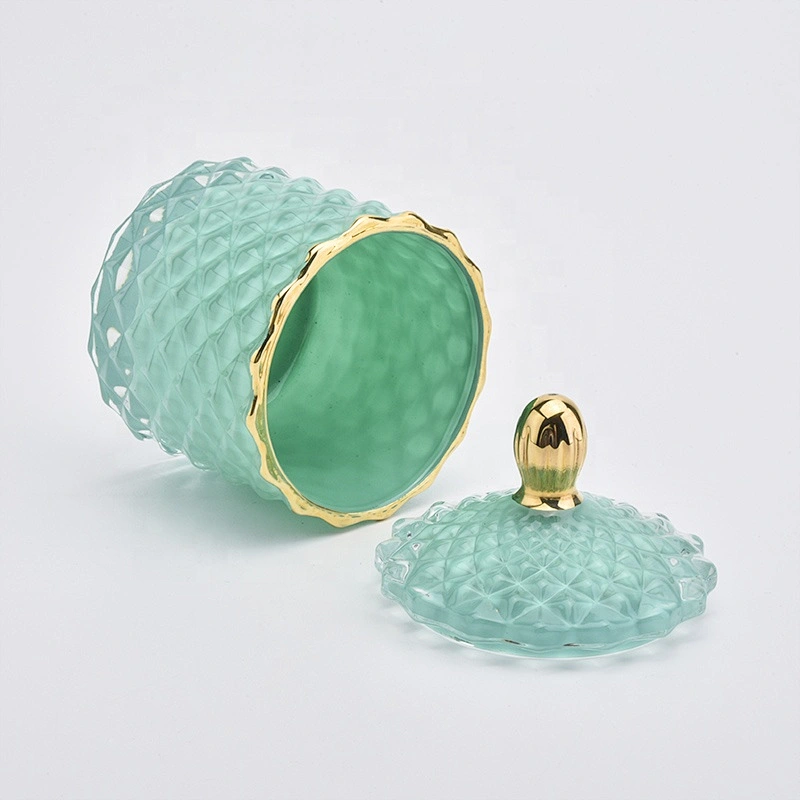 Gold Rim Solid Green Glass Candle Jar with Lids Home Decor Wholesales
