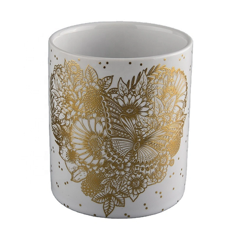white ceramic candle jars with gold printing for Christmas