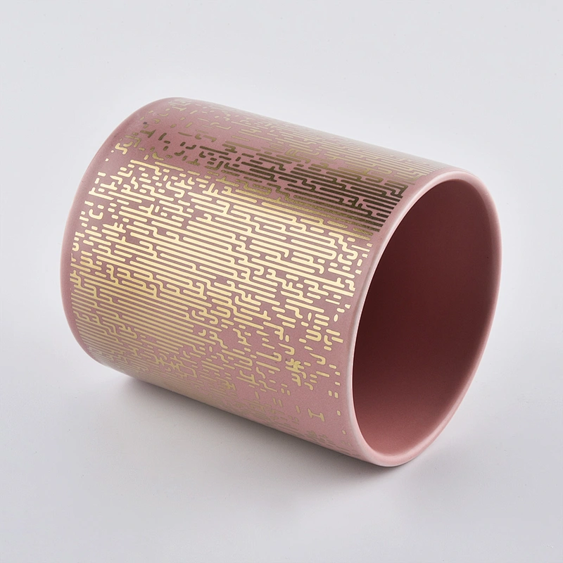 pink candle vessel jar with gold prints, decorative ceramic candle jars