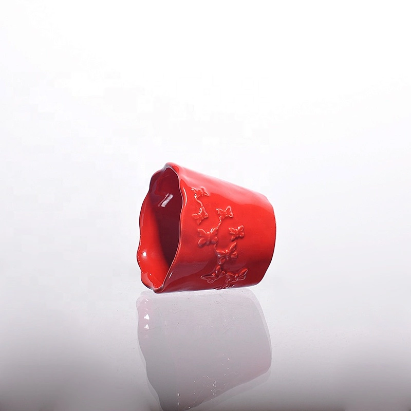 6oz Red Waved Ceramic Candle Holders Home Decoration Pieces