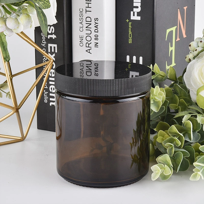 Sunny classic brown tealight glass candle jar with black cover lid
