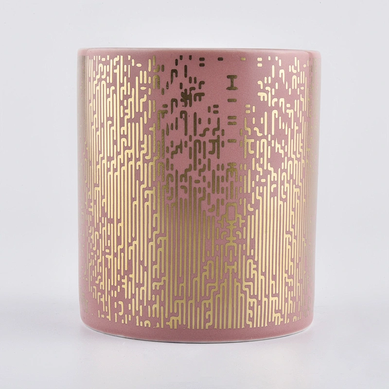 pink candle vessel jar with gold prints, decorative ceramic candle jars