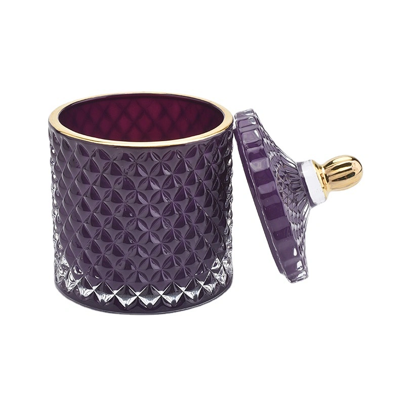 geo cut glass jar for candles, luxury purple glass candle holder with lid