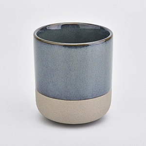 blue ceramic candle jar with clay bottom curved candle hoder 12oz