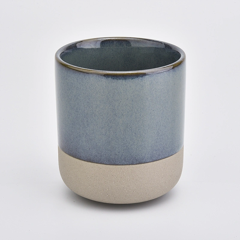 blue ceramic candle jar with clay bottom curved candle hoder 12oz