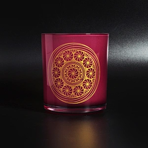 12 OZ glass candle container, red glass with gold decal