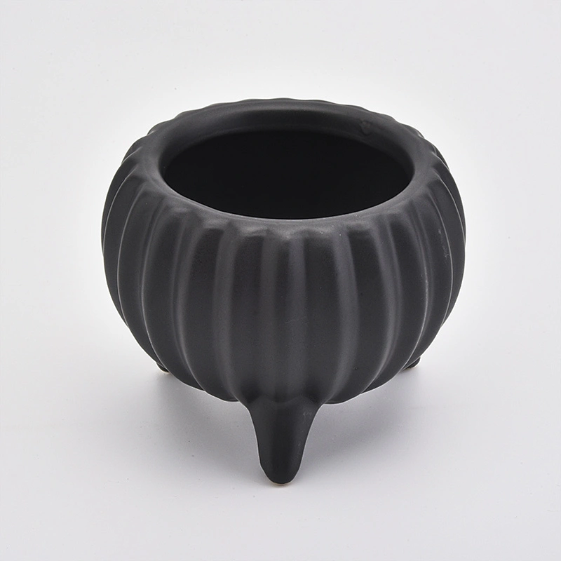 matte black ceramic jar for candles/plants, tripus ceramic vessel