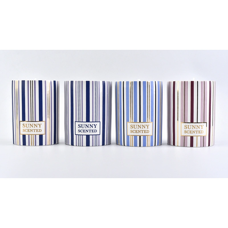 cylinder ceramic candle jar with stripes, decorative ceramic candle holder