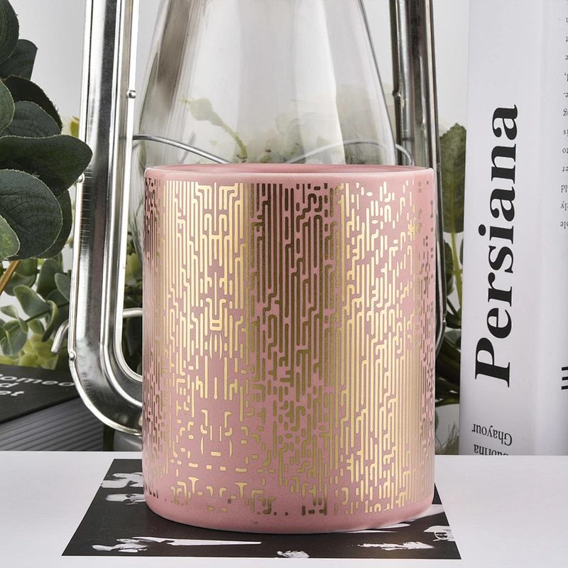 pink candle vessel jar with gold prints, decorative ceramic candle jars