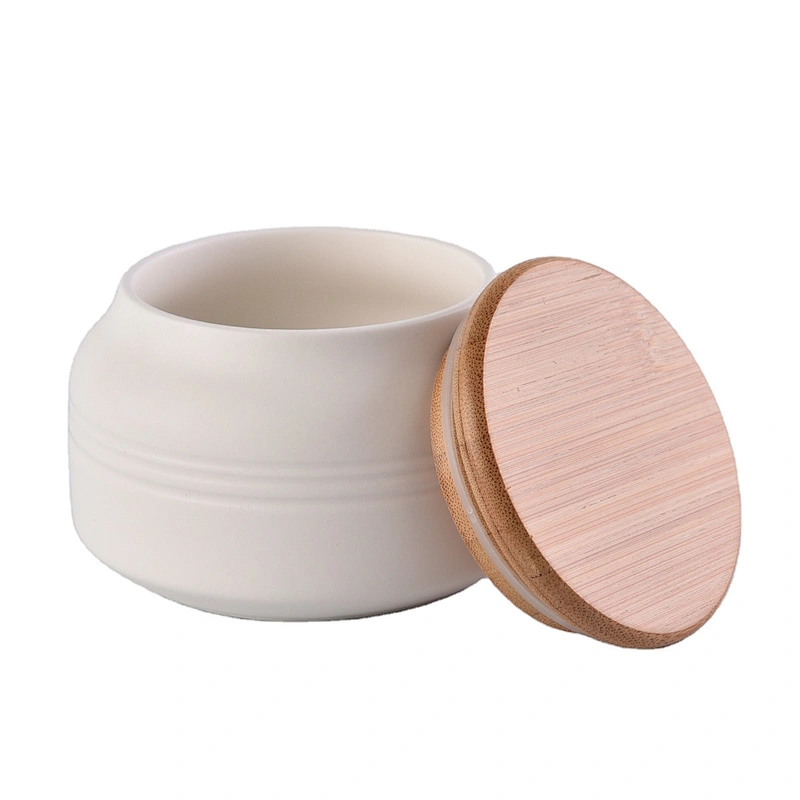 Sunny glassware white matte ceramic candle jar holders with wood lid