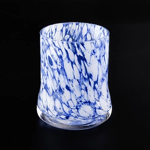 blue and white glass candle vessel, hand made 12 oz glass candle jar home decoration