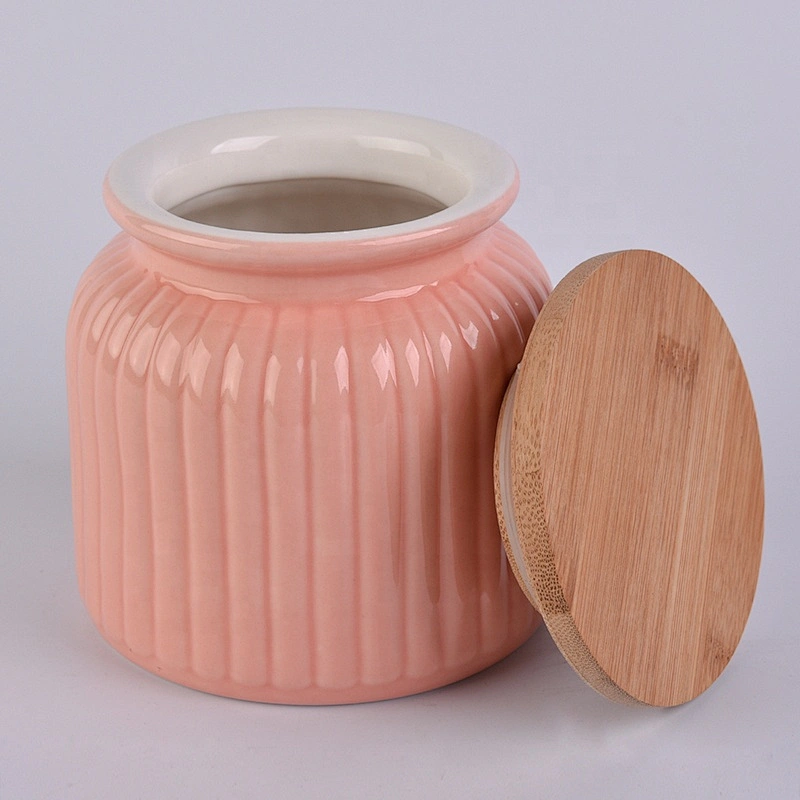 Wholesale PInk Ceramic Candle Jar with Bamboo Lid Home Decoration