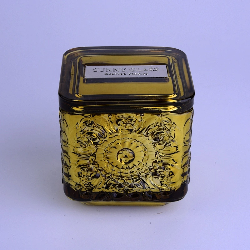 Wholesales square gold crystal glass candle holder with lid