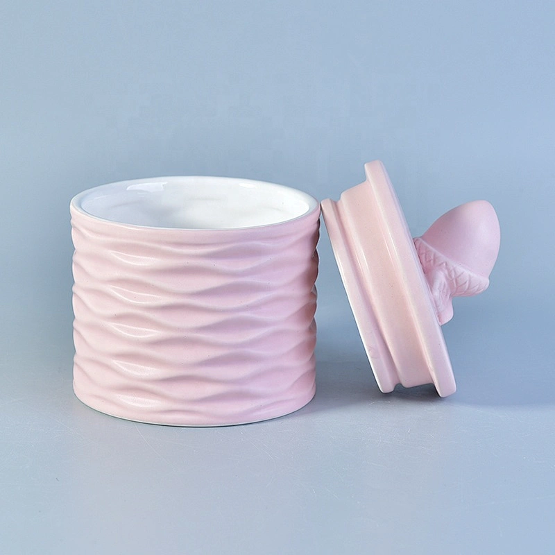 Customized pink glaze ceramic votive candle vessel candle jar with lid home decorative use