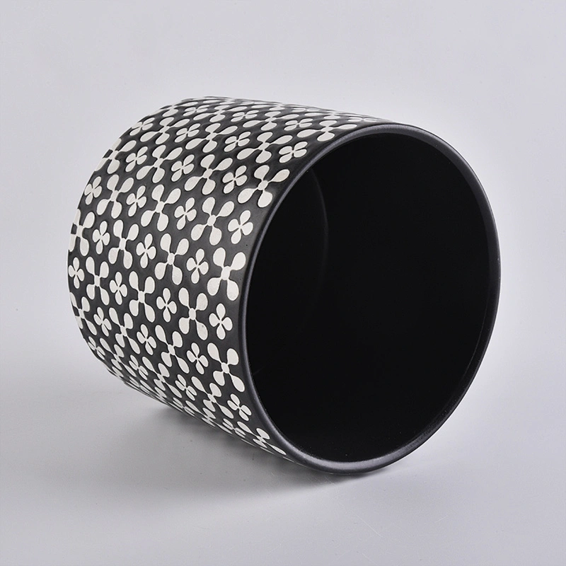 black round ceramic candle vessel with decorative pattern, cylinder ceramic candle holders