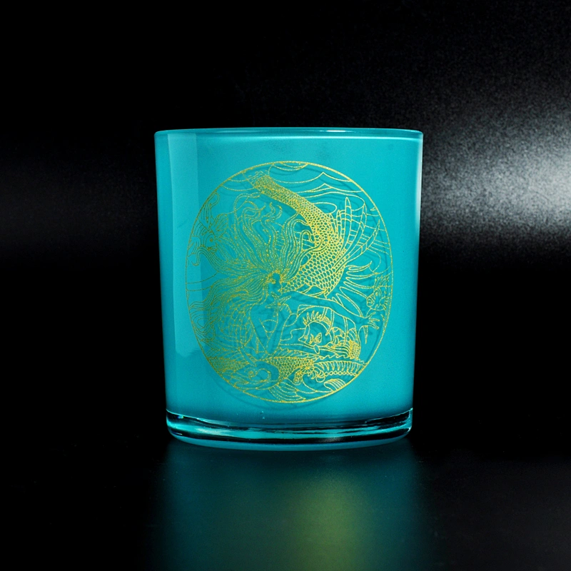 blue cylinder glass candle container with gold decal, votive candle holder