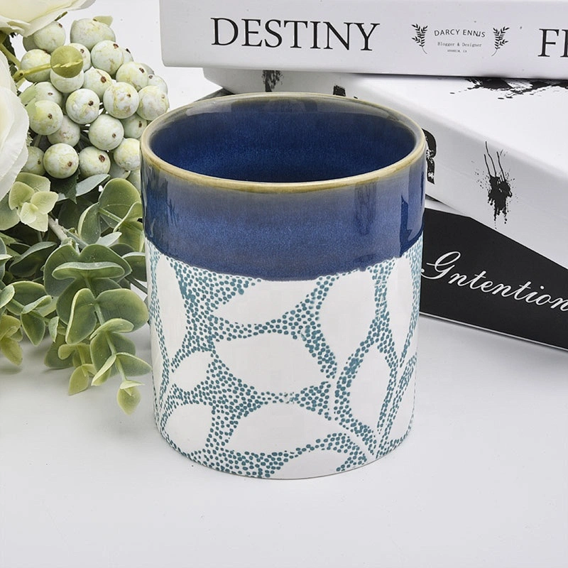 Blue cylinder flower ceramic candle jar tea light candle holders home decoration