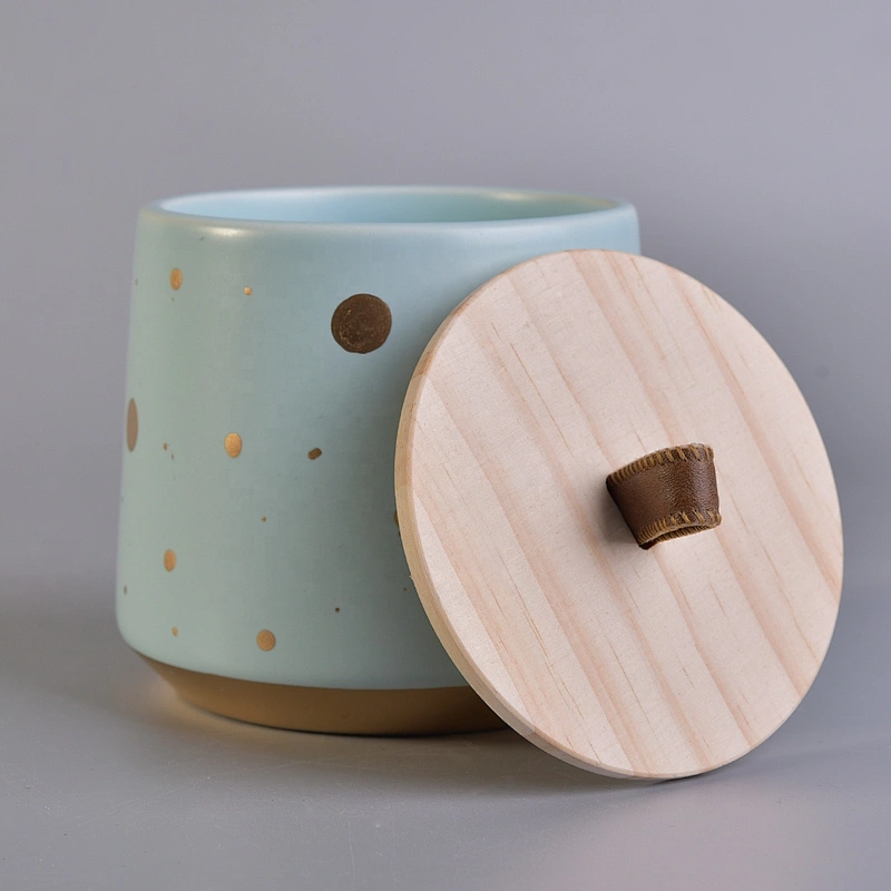 Sunny empty decorative blue ceramic candle containers for making candles with wood lids