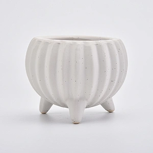 Beige ceramic jar for plants with tripod, ceramic container with stripe