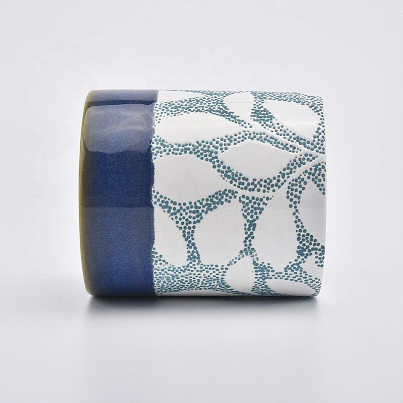 Blue cylinder flower ceramic candle jar tea light candle holders home decoration