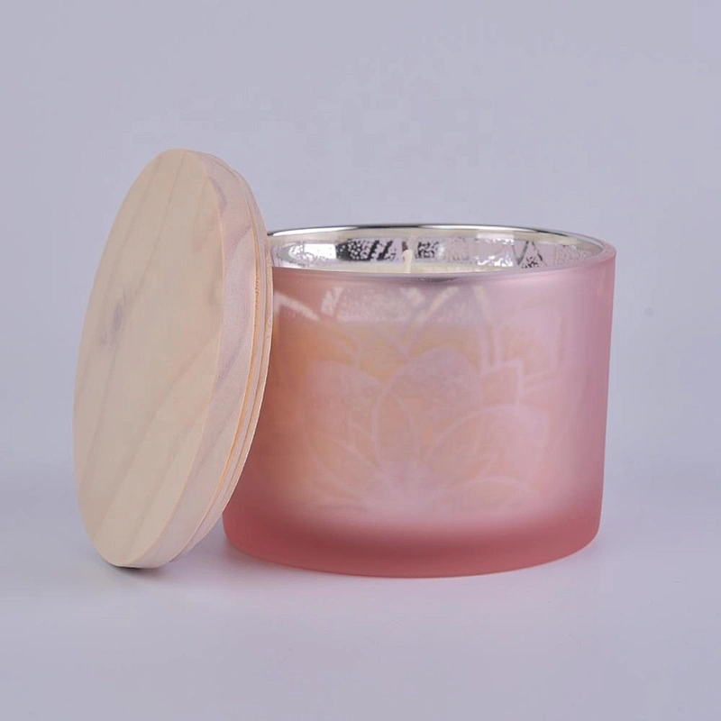 Sunny glassware luxury empty tealight frosted pink Glass candle holder jar with wood lid