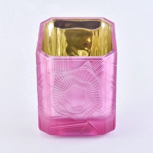 Luxury Trapezoid pink plated Glass candle jar for home decor