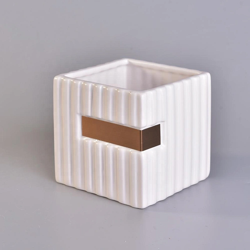 12oz Square Ceramic Candle Holders Stripes Pattern Home Decoration