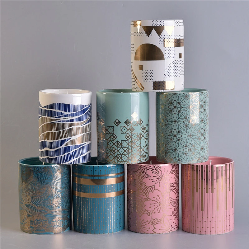 Sunny Glassware design pink gold printing jars decorative ceramic candle vessel wholesales