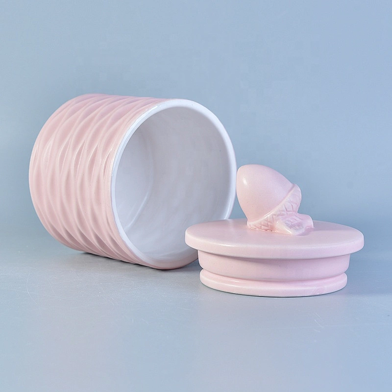 Customized pink glaze ceramic votive candle vessel candle jar with lid home decorative use