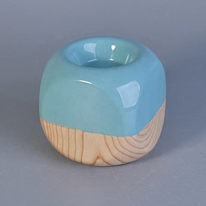 Irregular shape glaze custom ceramic votive candle holders with wooden bottom home decoration