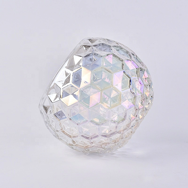 Hexagon embossement iridescent glass candle holder ball shape home decoration