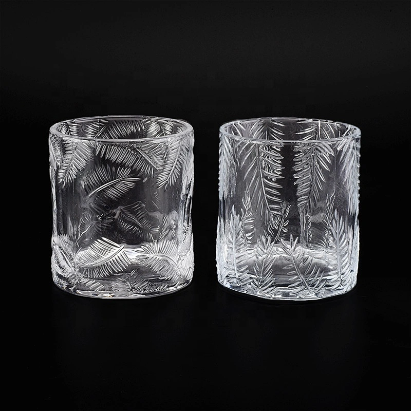 Cylinder customized leaf pattern candle vessel glass candle holder home decoration