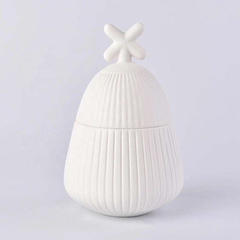 Matte White Stripes Ceramic Candle Holder with Lid Home Decoration Pieces
