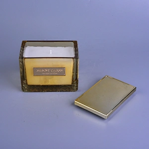Sunny design golden luxury square glass candle holder and lid