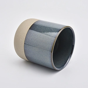 blue ceramic candle jar with clay bottom curved candle hoder 12oz