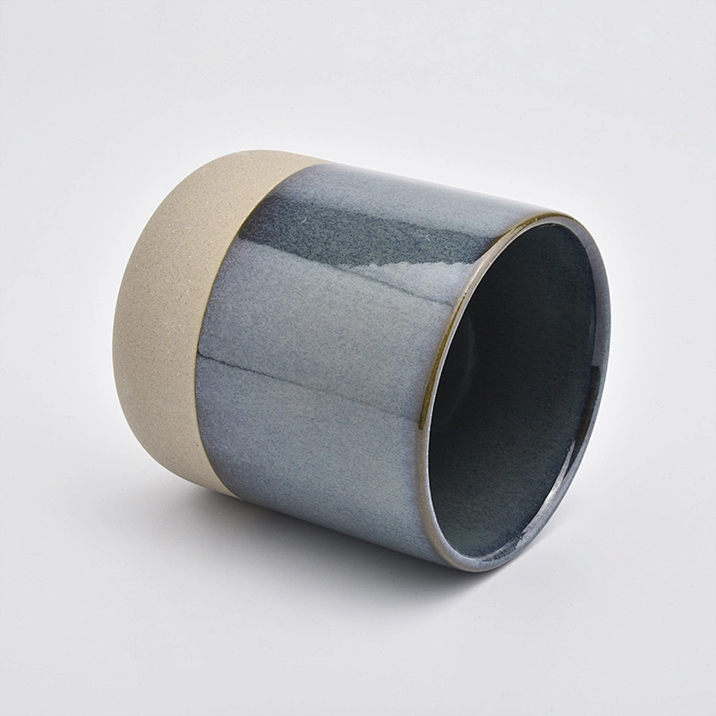 blue ceramic candle jar with clay bottom curved candle hoder 12oz