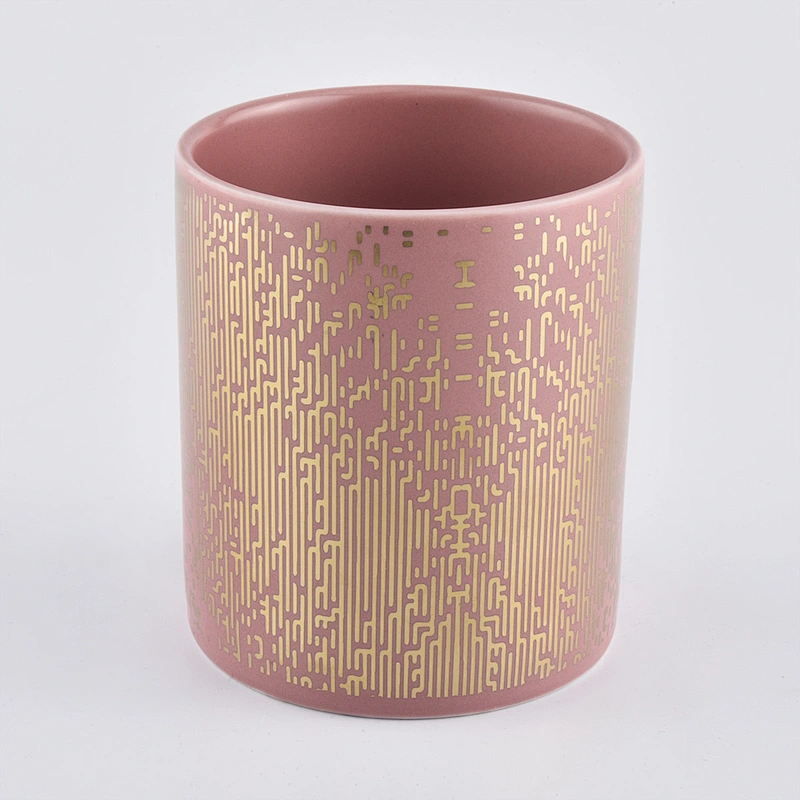 pink candle vessel jar with gold prints, decorative ceramic candle jars